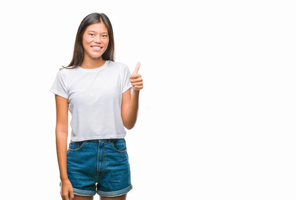 Joven Mujer Asiática Sobre Aislado Fondo Haciendo Felices Pulgares Hacia — Foto de Stock