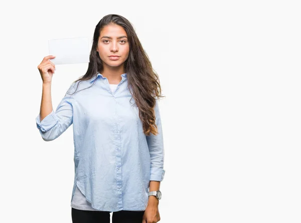 Young Arab Woman Holding Blank Card Isolated Background Confident Expression — Stock Photo, Image