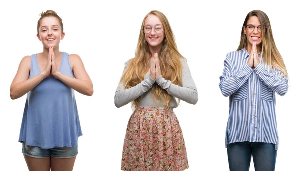 Collage Gruppen Blonda Kvinnor Över Isolerade Bakgrund Ber Med Händerna — Stockfoto