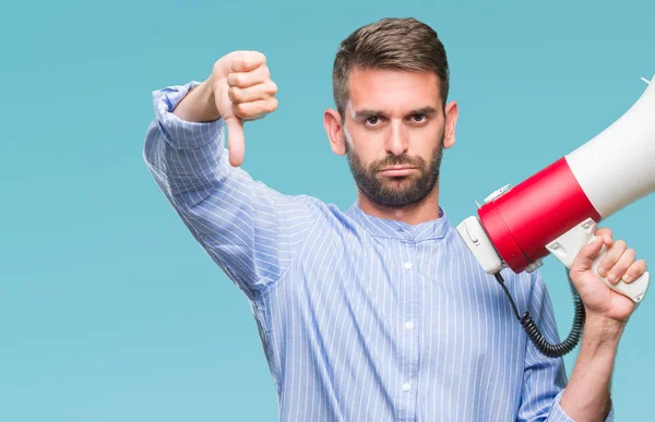 Ung Vacker Man Skriker Genom Megafon Över Isolerade Bakgrund Med — Stockfoto