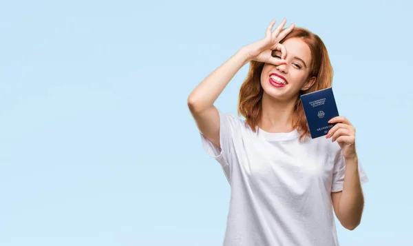 Jovem Bela Mulher Segurando Passaporte Alemanha Sobre Fundo Isolado Com — Fotografia de Stock