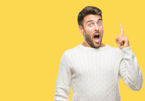 Jovem Homem Bonito Vestindo Camisola Inverno Sobre Fundo Isolado Apontando — Fotografia de Stock