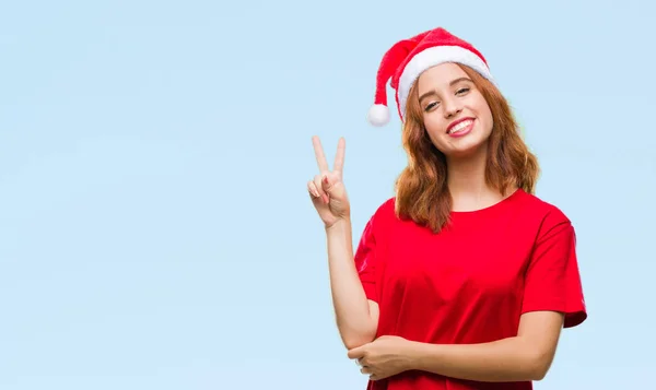 Junge Schöne Frau Über Isoliertem Hintergrund Mit Weihnachtsmütze Lächelnd Mit — Stockfoto