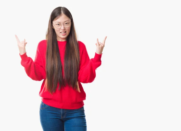 Joven Mujer China Sobre Fondo Aislado Usando Gafas Gritando Con — Foto de Stock