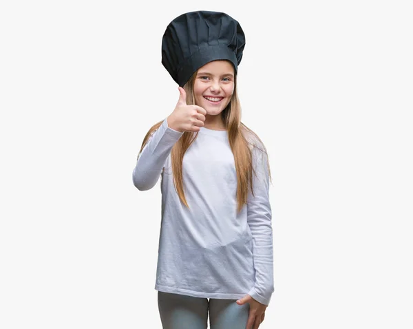 Menina Bonita Nova Vestindo Uniforme Chapéu Chef Sobre Fundo Isolado — Fotografia de Stock