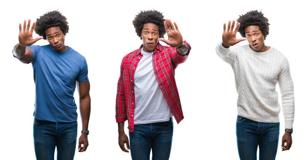 非洲裔美国人年轻英俊的人的拼贴画在孤立的背景下做停止唱歌与手掌的手 脸上带有否定和严肃手势的警告表达式 — 图库照片
