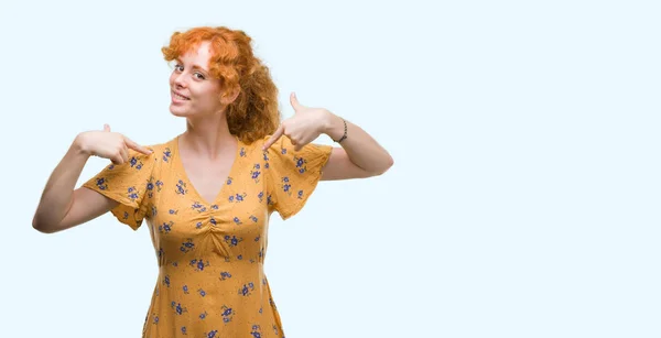 Young Redhead Woman Looking Confident Smile Face Pointing Oneself Fingers — Stock Photo, Image