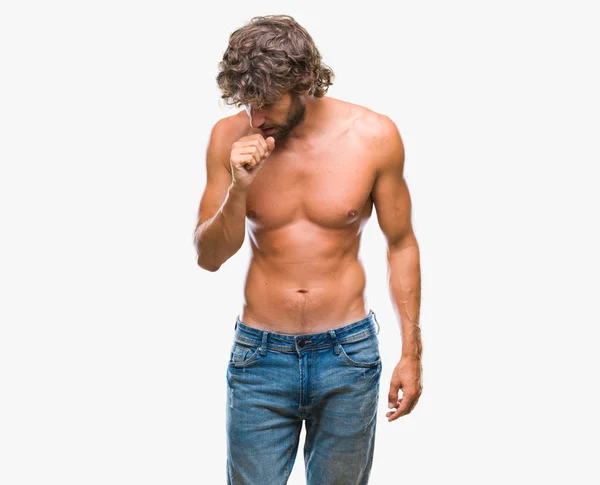 Gut Aussehender Hispanischer Modelmann Sexy Und Ohne Hemd Über Isoliertem — Stockfoto