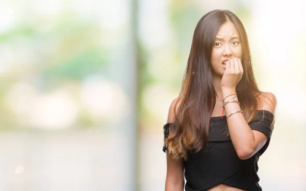 Young Asian Woman Isolated Background Looking Stressed Nervous Hands Mouth — Stock Photo, Image