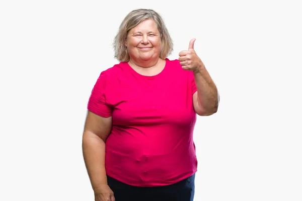 Senior Size Kaukaski Kobiece Kobieta Białym Tle Robi Szczęśliwy Kciuk — Zdjęcie stockowe