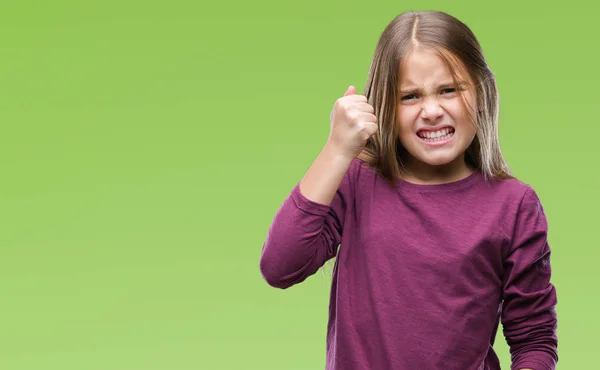 Menina Bonita Jovem Sobre Fundo Isolado Irritado Louco Levantando Punho — Fotografia de Stock