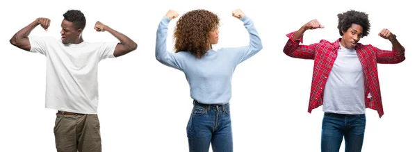 非洲裔美国人组的拼贴画在孤立的背景下显示手臂肌肉微笑自豪 健身理念 — 图库照片