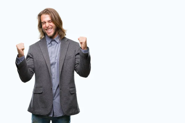 Young Handsome Business Man Long Hair Isolated Background Very Happy — Stock Photo, Image