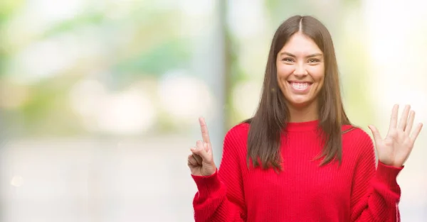 Giovane Bella Ispanico Indossa Maglione Rosso Mostrando Indicando Con Dita — Foto Stock