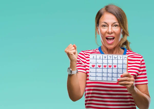 Middle Age Senior Hispanic Woman Holding Menstruation Calendar Isolated Background — Stock Photo, Image