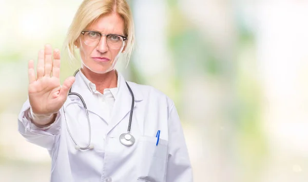 Middle Age Blonde Doctor Woman Isolated Background Doing Stop Sing — Stock Photo, Image