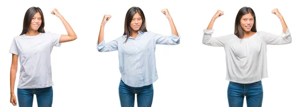 亚洲年轻女子的拼贴画站在白色孤立的背景下 显示手臂肌肉微笑自豪 健身理念 — 图库照片