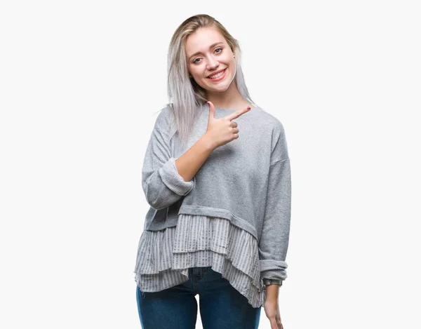 Junge Blonde Frau Über Isoliertem Hintergrund Fröhlich Mit Einem Lächeln — Stockfoto