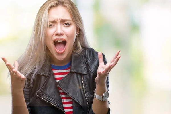 Jonge Blonde Vrouw Zwarte Jas Dragen Geïsoleerd Achtergrond Gek Gek — Stockfoto