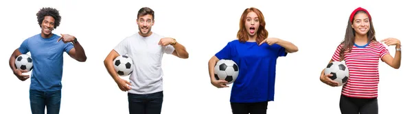 Collage Von Menschen Die Fußballball Über Isolierten Hintergrund Halten Mit — Stockfoto