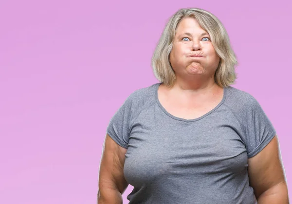 Senior Size Caucasian Woman Isolated Background Puffing Cheeks Funny Face — Stock Photo, Image