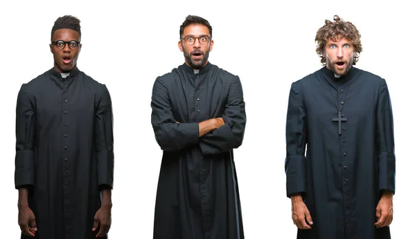 Collage Hombres Sacerdotes Cristianos Sobre Fondo Aislado Miedo Conmocionado Con —  Fotos de Stock