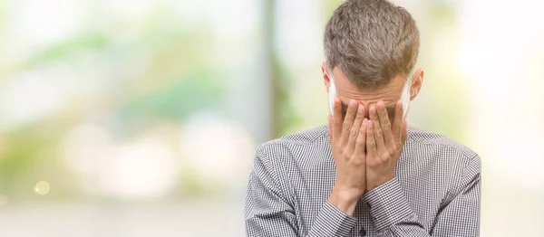 Young Hipster Man Sad Expression Covering Face Hands While Crying — Stock Photo, Image