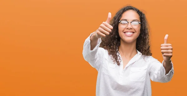 Beautiful Young Hispanic Woman Approving Doing Positive Gesture Hand Thumbs — Stock Photo, Image