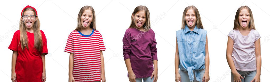 Collage of young beautiful little girl kid over isolated background sticking tongue out happy with funny expression. Emotion concept.