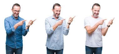 Gülümseyen ve iki elleri ve parmakları ile tarafına işaret kamera bakarak izole arka plan üzerinde duran üst düzey ağarmış yakışıklı kolaj.