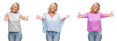 Sarılmak için kollarını açarak gülümseyerek kameraya bakarak beyaz izole backgroud güzel orta yaş sarışın kadın kolaj. Neşeli ifade kucaklayan mutluluk.