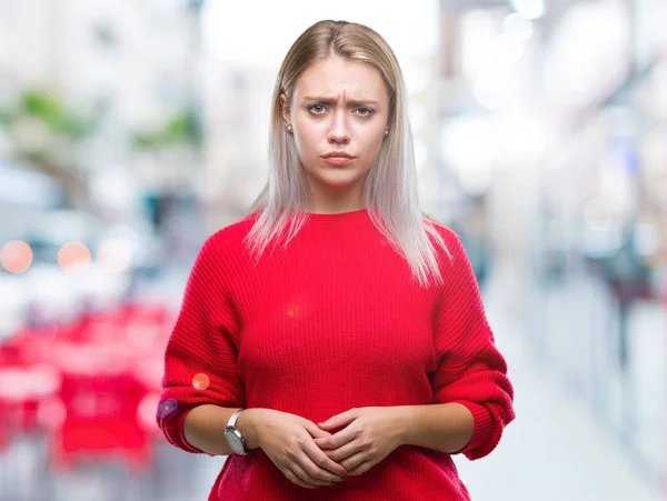 Unga Blonda Kvinnan Bär Vinter Tröja Över Isolerade Bakgrund Skeptiker — Stockfoto
