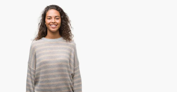 Beautiful Young Hispanic Woman Wearing Stripes Sweater Happy Cool Smile — Stock Photo, Image