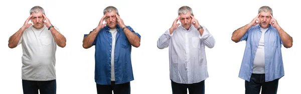 Collage Senior Hoary Man White Isolated Backgroud Hand Head Pain — Stock Photo, Image