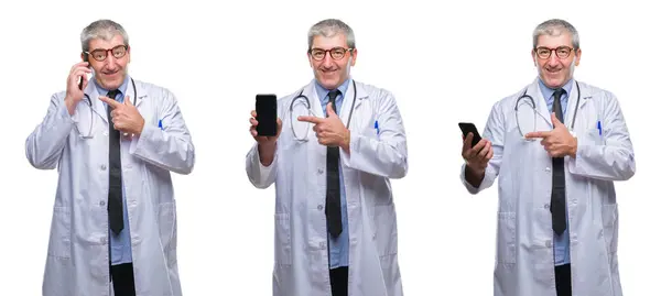 Collage Hombre Médico Alzado Senior Hablando Por Teléfono Sobre Fondo — Foto de Stock