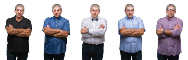 Collage Hombre Alzado Senior Sobre Fondo Blanco Aislado Escéptico Nervioso —  Fotos de Stock