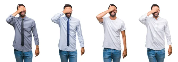 Colagem Jovem Vestindo Olhar Casual Sobre Branco Isolado Backgroud Sorrindo — Fotografia de Stock