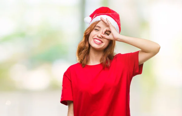 Jovem Bela Mulher Sobre Fundo Isolado Vestindo Chapéu Natal Fazendo — Fotografia de Stock