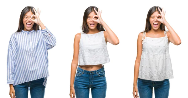 Colagem Ásia Jovem Mulher Vestindo Óculos Sobre Branco Isolado Fundo — Fotografia de Stock