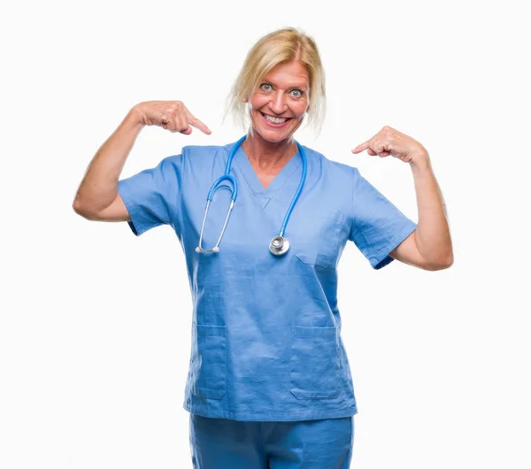 Middle Age Blonde Nurse Surgeon Doctor Woman Isolated Background Looking — Stock Photo, Image