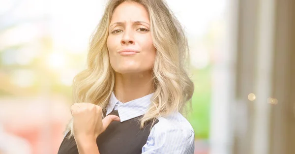 Young Shop Owner Wearing Black Apron Proud Excited Arrogant Pointing — Stock Photo, Image