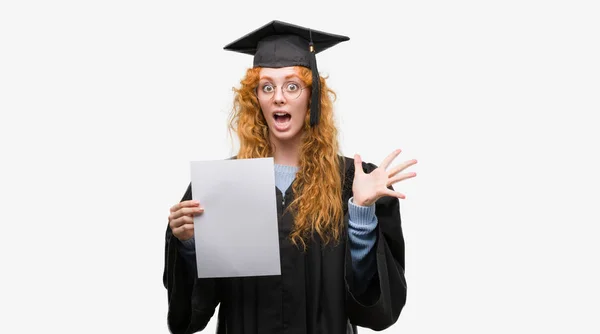 Young Redhead Woman Wearing Graduate Uniform Holding Degree Very Happy — Stock Photo, Image