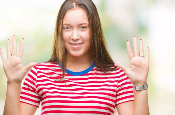 Joven Caucásica Hermosa Mujer Sobre Aislado Fondo Mostrando Señalando Hacia — Foto de Stock