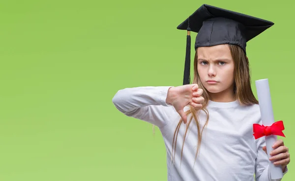 Giovane Bella Ragazza Con Cappello Laureato Possesso Laurea Sfondo Isolato — Foto Stock