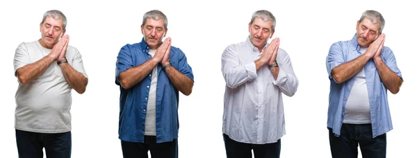 Colagem Homem Hoary Sênior Sobre Branco Isolado Backgroud Dormir Cansado — Fotografia de Stock