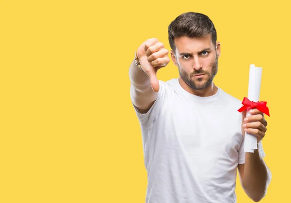 Young Handsome Man Holding Degree Isolated Background Angry Face Negative — Stock Photo, Image