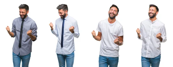 Коллаж Молодого Человека Носящего Случайный Взгляд Белой Изолированной Backgroud Счастливым — стоковое фото