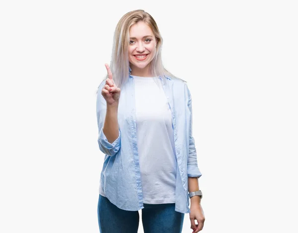 Junge Blonde Frau Über Isoliertem Hintergrund Die Mit Finger Nummer — Stockfoto