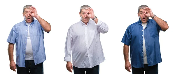 Collage Senior Hoary Man White Isolated Backgroud Doing Gesture Shocked —  Fotos de Stock