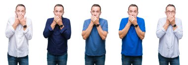 Kolaj duran yakışıklı üst düzey ağarmış zarif iş adamı bir arka plan ağız hata için elleriyle kapsayan şok izole. Gizli kavramı.